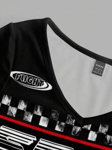 Attitoon 女士V领休闲运动赛车服火焰棋盘格撞色印花数字字母徽章简约修身长袖T恤，适合机场、复古、学院风、百搭、性感、可爱、Y2K、椰子女孩、波西米亚风、嬉皮风、音乐节、秋冬季等场合。 - 白色 - 查看 5