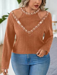 EMERY ROSE Áo thun tay dài hở vai đính ngọc trai giả cỡ lớn cho nữ, thu sang xuân - trái cam - Xem 3