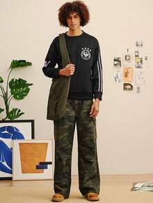 Open Phase 男士休闲运动条纹图案印花套头卫衣，宽松版型，黑色，春夏款 - 黑色 - 查看 3