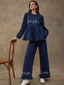 WESTFADE Floral Embroidered Tiered Ruffle Relaxed Straight Leg Cotton Blend Denim Jeans Fall, Autumn, Winter, Boho, Casual, Cute, Country Western Wear - Dark Wash - View 1
