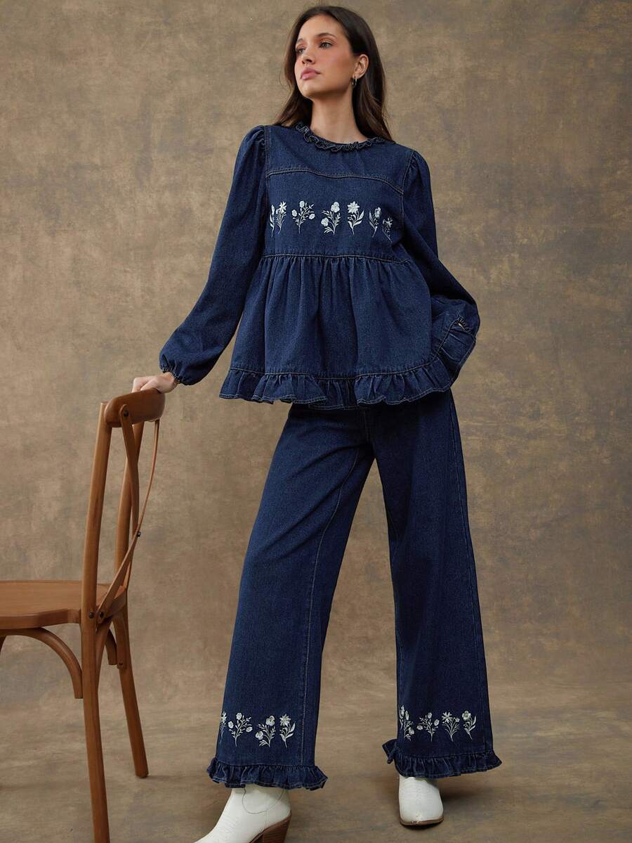 WESTFADE Floral Embroidered Tiered Ruffle Relaxed Straight Leg Cotton Blend Denim Jeans Fall, Autumn, Winter, Boho, Casual, Cute, Country Western Wear - Dark Wash - View 1