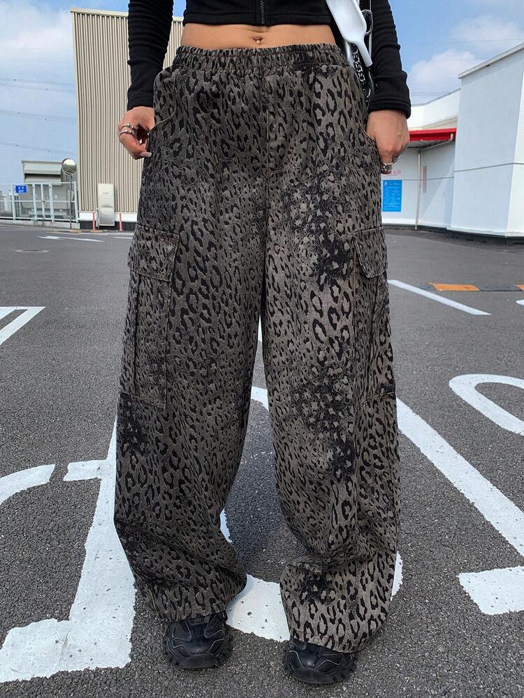 Women's Elastic Waist Leopard Print Cargo Jeans Y2k