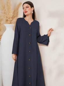 Al Najma Women's V-Neck Raglan Flare Sleeve Loose Front Button Abayas - Navy Blue - View 3