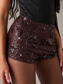 SHEIN BAE Pantaloncini da donna con paillettes di colore unito, adatti per occasioni di festa