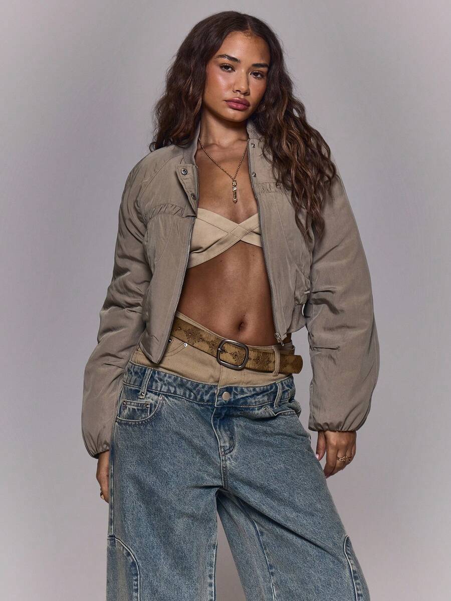 MUSERA Áo khoác bomber ôm dáng cổ cao, chi tiết đường may, thích hợp mặc mùa đông, hàng ngày, đi chơi đêm, phong cách thường ngày, cá tính, đường phố. - Màu Khaki - Xem 1