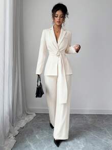 SHEIN Elenzya Bộ vest 2 món thanh lịch & tinh tế cho nữ đi làm văn phòng mùa thu/đông: Áo khoác blazer tay dài có họa tiết kim loại + Quần ống rộng, màu nâu - Màu be - Xem 4