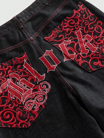 Street Life Herren Loose Fit Jeans mit Kontrastnaht und besticktem Muster, Grunge-Stil