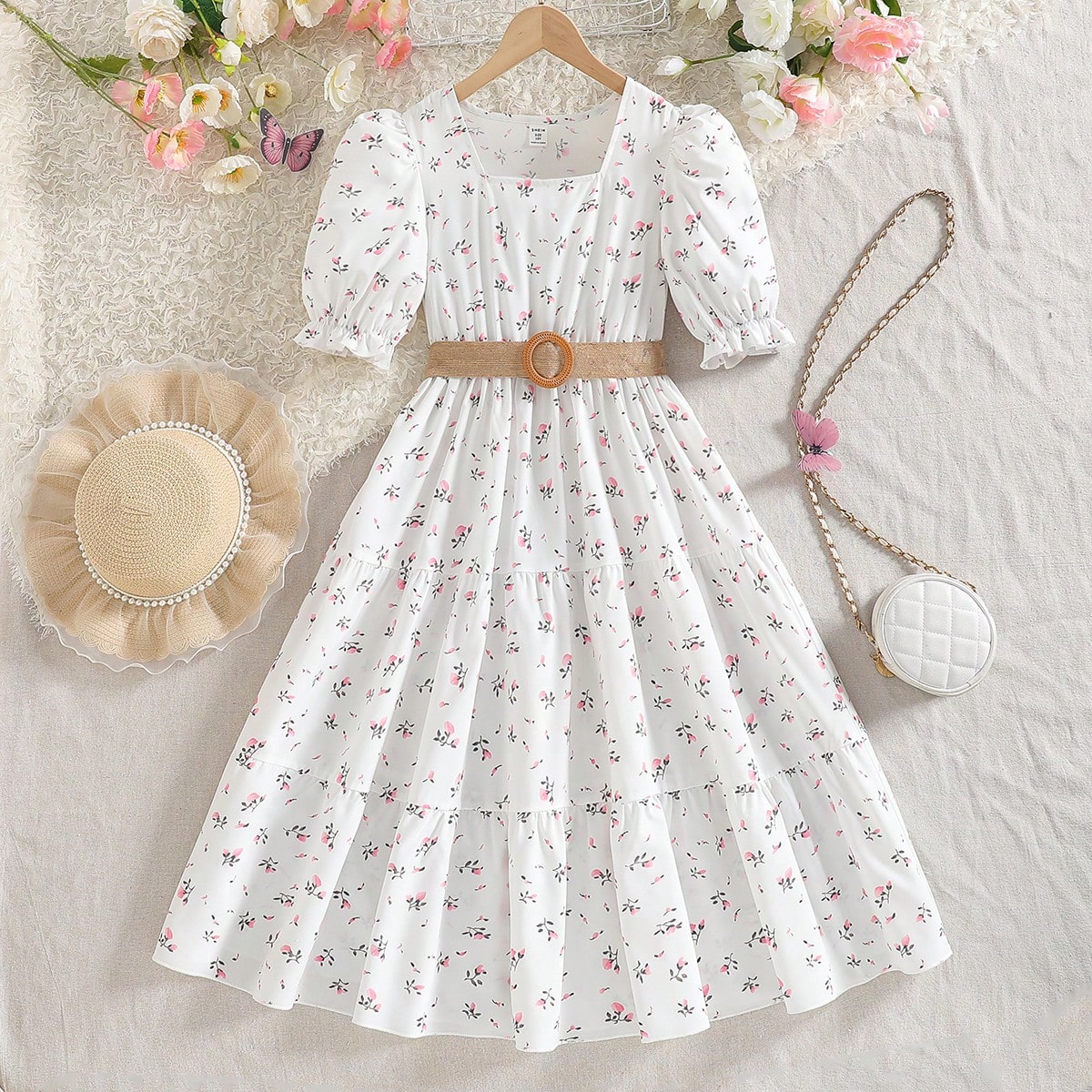 Vestido de manga abullonada con estampado floral para niñas preadolescentes, dulce y de moda, sin cinturón, para primavera/verano