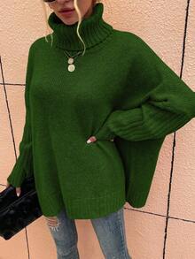 Chiquease Women Casual High Collar Solid Color Drop Shoulder Loose Sweater For Autumn/Winter For New Year Clothes - Green - View 4
