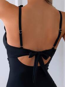 Swim Basics Đồ bơi một mảnh cổ chữ V xếp nếp màu trơn thoải mái, co giãn cao, thường ngày đi biển cho nữ mùa hè - màu đen - Xem 6