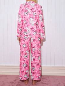 SweetSlumber 可爱卡通猫咪泡泡印花纽扣上衣和裤子女士睡衣套装，冬季服装 - 彩色 - 查看 2