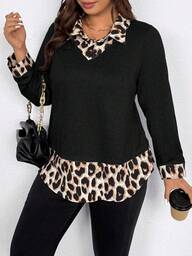 EMERY ROSE Plus Size Women Casual Leopard Print Raglan Sleeve Curved Hem Printed 2 In 1 Shirt