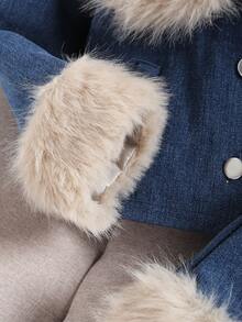 Young Girls Jacket Set, Light Blue Patchwork Faux Fur Cuff, Pocket, Faux Fur Trim Skirt, Simple & Fashionable 2 Pieces Outfit, Suitable For Autumn/Winter Outings - Blue - View 5