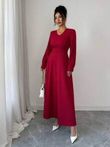 Rafferiza Raffinéa Elegant Long Sleeve Dress,French Lace Sophisticated Embroidery,High-End Aristocratic Style,Dark Red,Autumn,Elegant,Dining,Christmas Holidays - Burgundy - View 3