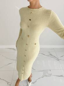 Siren Gaze Women's Soft Yellow Autumn Elegent Work Knit Dress,Round Neck Long Sleeve Metal Button Design Fitted Ribbed Dress,Solid Color Winter White Dress - White - View 5
