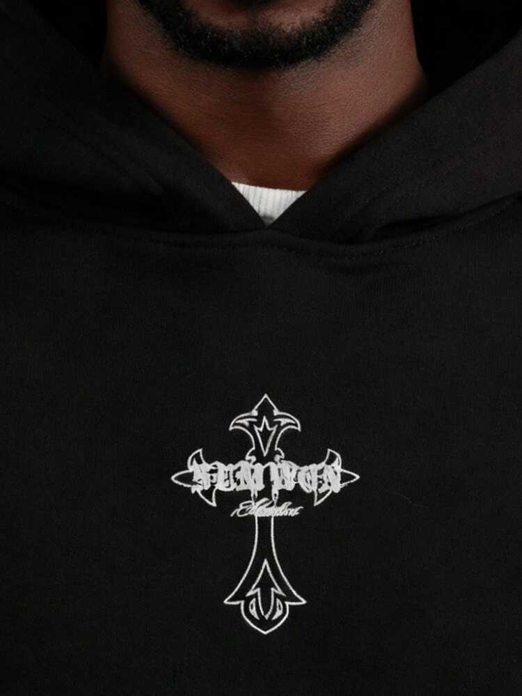 Cross Gothic Print Pullover Hoodie With Centre Pocket