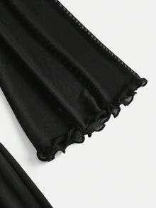 少女优雅修身黑色网眼拼布不对称肩部喇叭袖褶饰连衣裙，女童黑色派对礼服，圣诞礼服，新年礼服，舞会礼服