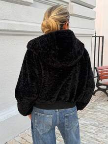 DAZY 女士蓬松连帽短款收腰休闲外套 Y2k 女式外套 - 黑色 - 查看 3