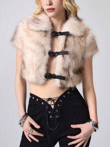 ROMWE Grunge Punk 性感深 V 领短款前开式人造毛皮女式背心 - 彩色 - 查看 4