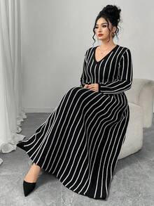 Modelyn 大码女式时尚条纹修身V领毛衣裙 - 黑與白 - 查看 6