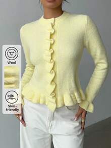 Siren Gaze 女士休闲纯色荷叶边针织上衣 淡黄色上衣 奶油黄开衫 黄色开衫 女士黄色荷叶边开衫 黄色毛衣 冬季 - 黃色 - 查看 2