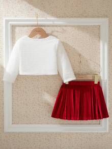 SHEIN Französischer Retro-Stil Outfit mit weißer langärmeliger Jacke mit Fellimitat und rotem plissiertem Midi-Rock, 2 Stücke, geeignet für Schule, Ausflüge, Partys, Feiertage für Baby Mädchen - Verschiedenfarbig - Übersicht 3