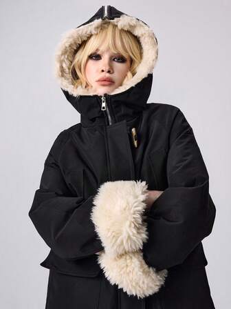 Stylish Faux Shearling Patchwork Padded Coat, Midi Length, Horn Button, Korean Style Parka Jacket, Black