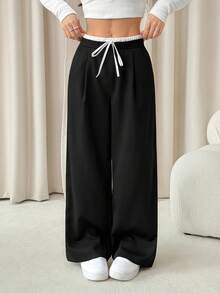 SHEIN PETITE Women's Color Block Casual Daily Wear Long Pants,Ladies Spring/Fall Casual Drawstring,Pocket Natural Wide Leg Long Black Loose Women Pants,Casual Daily Wear Comfy Pants Wide Leg Pants Drawstring Waist Wide Pants Loose Pants - Black - View 4