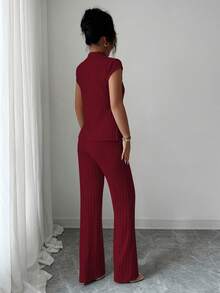 SHEIN PETITE 2件套女士休闲优雅罗纹短袖上衣和裤子套装 - 酒紅色 - 查看 2