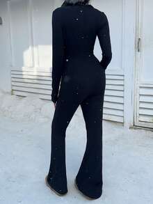 FavEase 黑色不对称肩部褶皱领合身腰部长袖复古喇叭连体裤，复古、简约、百搭、超有弹性且柔软，适合休闲、运动、瑜伽、日常穿着 - 黑色 - 查看 2