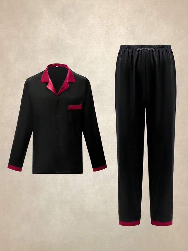 SHEIN EverLounge Men's Turndown Collar Top Long Sleeve Pants Black With Red Trim Pajama Set, Winter Clothes