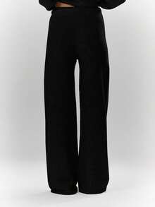 MUSERA Oversized Rib Knit Embroidered Detail Wide Leg Trousers Bottom Only Cosy Cute Casual Coffee Club Spring - Black - View 4