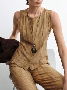 Aalyst 扎染艺术淡咖啡色女士套装，简约无袖上衣和长裤套装 - 咖啡棕 - 查看 6