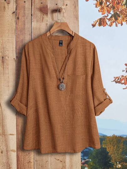 EMERY ROSE 大码女式休闲日常通勤简约纯色缺口领卷袖拼布口袋宽松衬衫，春秋季