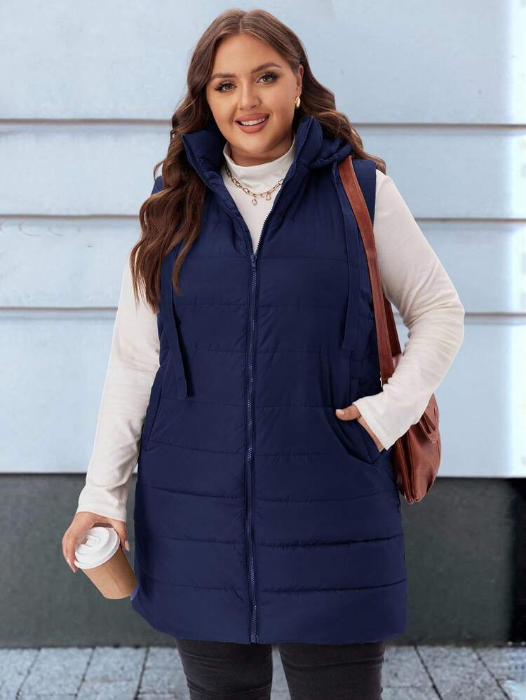 Plus Size Women Fall/Winter Casual Plain Hooded Padded Vest Jacket With Pockets/Winter,Autumn/Winter,Going Out,2025 New,Simple And Fashionable For Everyday Wear, Winter, Christmas,New Year,Thanksgiving