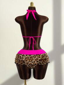 Zestiva 3pcs Women's Leopard Print Halter Neck Bikini Set With Tie-Up Top, Triangle Bottom And Contrast Color Drawstring Mini Skirt - Multicolor - View 3