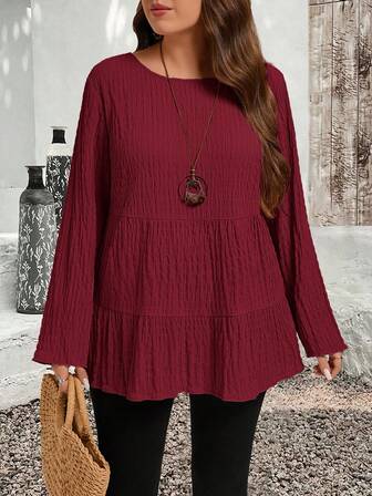 EMERY ROSE Plus Size Solid Color Round Neck Long Sleeve Pleated Minimalist Blouse, Casual Everyday Wear, Autumn&Winter Women Clothes, New Year Clothes