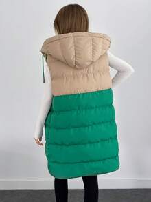 EURMUSE Woman 2 Colored Block Color Sleeveless Padded Drawstring Detailed Hoody Neck Front Snap Button Up Midi Length Winter Coat Casual - Multicolor - View 2