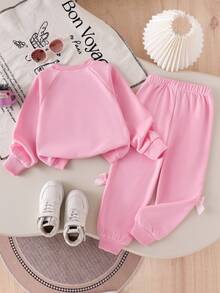 SHEIN 2pcs/Set Baju Sweatshirt Lengan Raglan Warna Polos dan Celana Rajut untuk Anak Perempuan, Pakaian Kasual Kerah Bulat - Berwarna merah muda - View 2
