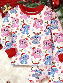 SHEIN Fröhliche Weihnachten! Cremeweiß und Weihnachtsrot Kontrast, Weihnachtsserie süßer Stich, Rentier, Stich Weihnachtsmann Mütze, Schleife Zuckerstange, Schneeflocken Muster, Kleine Mädchen Lässig einfach warm und weich Langarm Pyjama Set geeignet für Herbst/Winter Zuhause Passform, für Weihnachten, Neujahr, Alltagstragen, Kleine Mädchen Pyjamas Set, Weihnachtspyjamas, Kuschelige Passform Einzelpyjamas, Langarm Kuschelige Passform 2 Stücke Pyjamas