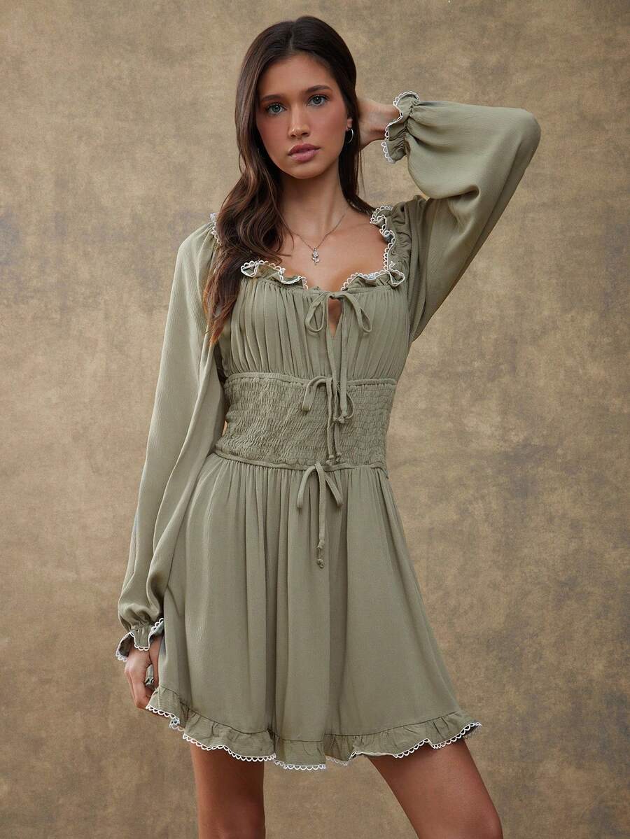 WESTFADE Scoop Neck Bow Front Smocked Waist Long Flare Sleeve Tiered Ruffle Dress Fall, Autumn, Winter, Casual Cute Boho, Nashville Cowgirl, Country Outfit, Western Wear For Women - Olive Green - View 1