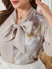 Lacomfia Elegante Bluse mit Schleifen-Kragen und Puffärmeln, künstlerisch bedruckter Patchwork-Top in hellem Beige/vielseitig Lässig - Aprikosenfarben - Übersicht 4