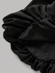 SHEIN 少女蝴蝶结装饰露肩长袖荷叶边下摆撞色连衣裙 - 黑與白 - 查看 4