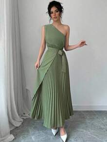 Firerie Women's Sage Green Oblique Collar Sleeveless Cinched Waist Pleated Hem Dress,Elegant Summer Wedding Guest Office Lady Dress, Boho Wedding Season - Green - View 2