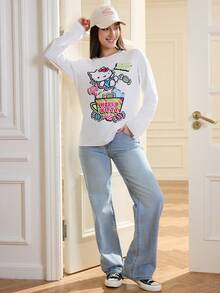 HELLO KITTY AND FRIENDS | SHEIN 女士休闲可爱卡通字母糖果图案长袖白色T恤，春秋 - 白色 - 查看 1