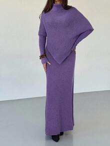 Aloruh Purple Knitted 2pcs Set New Winter Thick Women Sweater Skirt Loose Two Pieces Set - Purple - View 3