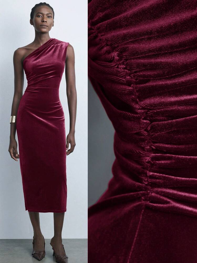 SHEIN Maija Women's Solid Burgundy Velvet Asymmetric-Shoulder Cinched Waist Dress, Urban Commute Business Casual Asymmetrical Wear, Elegant Christmas Party Dress, New Year Dress,Dresses For Women Elegant,New Year Dress ,Elegant Party Dresses,Red Dresses For Women,Christmas Dresses For Women