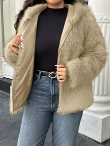 Easura Plus Size Solid Color Short Warm Faux Fur Hooded Jacket, Winter - Khaki - View 6
