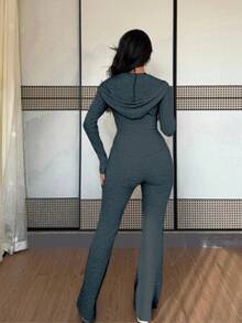 Rafferiza 2 件套女式休闲连帽运动衫，带口袋和罗纹喇叭裤，百搭秋冬装 - 霧霾藍 - 查看 2