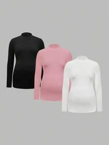 Modmama 3Packs Maternity High Stretch Long Sleeve T-Shirt,Black And White,Autumn,Elegant,Smart Casual,Everyday Mock Neck Solid Turtle Neck Pregnancy Tops - Baby Pink - View 12